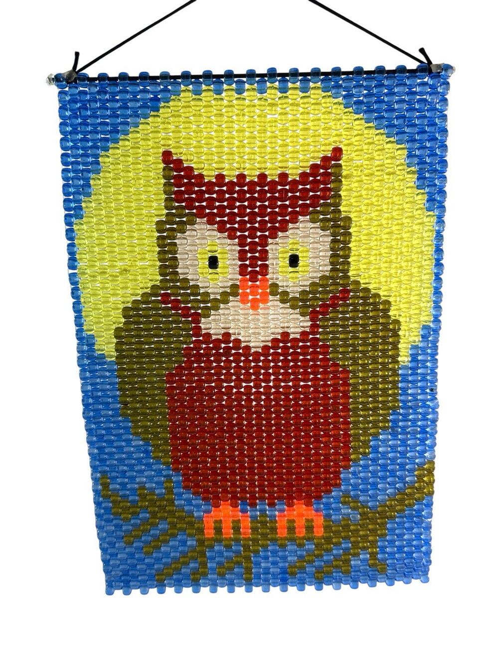 Vintage Beaded Owl Wall Hanging Folk Art Suncatcher 9.25” x 13.5”